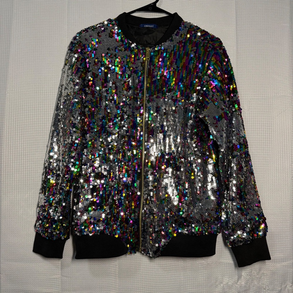 Cresay Sequin Bomber Jacket Medium Multicolor Silver Full Zip Sparkle Festival